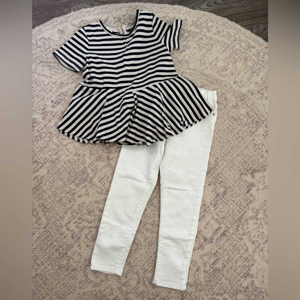 Crewcuts Black and White Striped Top with White Jeans Set